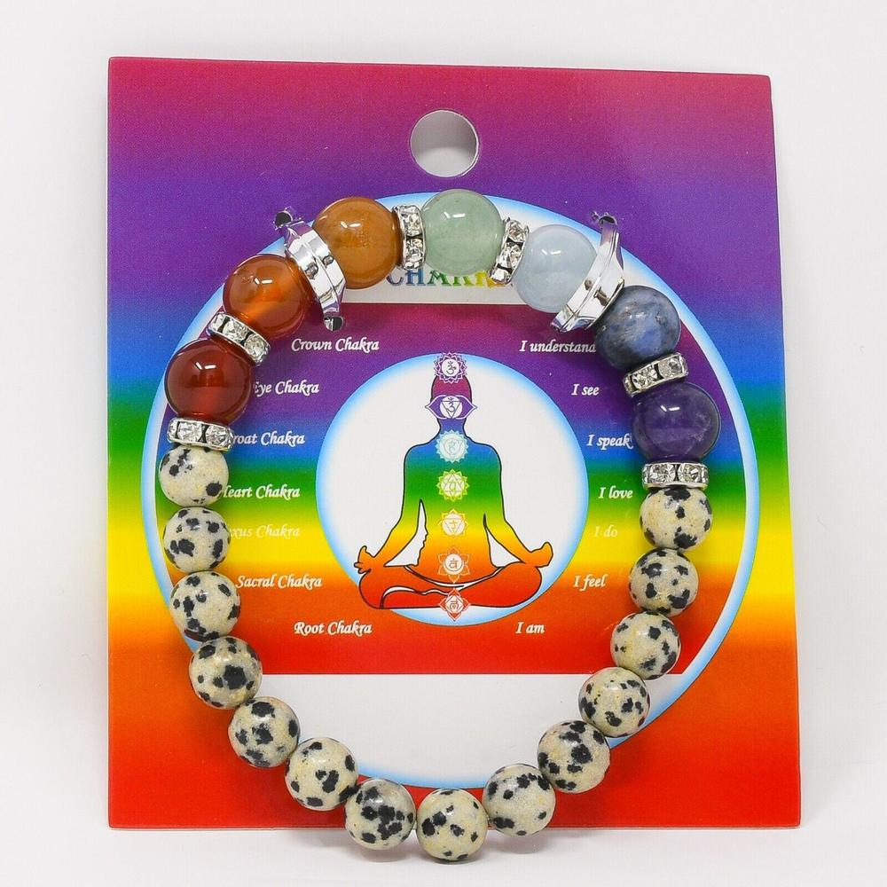 Dalmatian Jasper Seven Chakra Charm Bracelet Beaded Natural Stones Gemstones